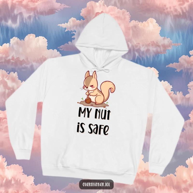 Funny Kawaii squirrel hoodie showing a cute squirrel burying a nut and looking around nervously, perfect for cozy and humorous wear.