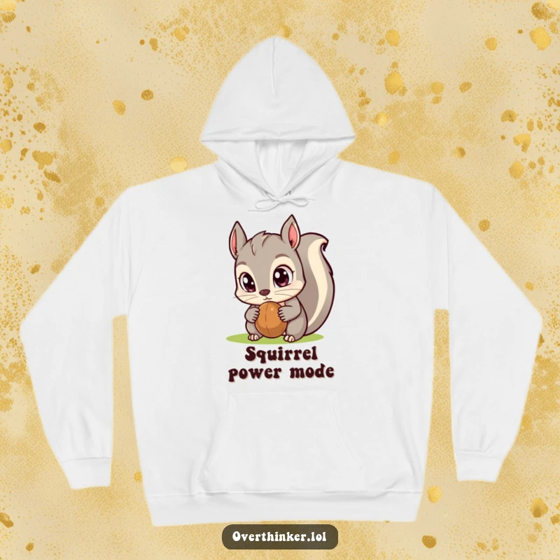 Funny Kawaii squirrel hoodie featuring a character with enormous eyes fixated on a single nut, offering warmth and a humorous statement.