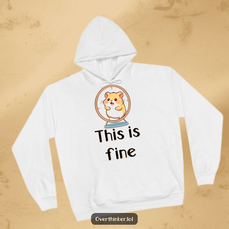 Funny and cozy hoodie showcasing a hamster spinning a wheel at high speed, embodying pure overwhelm.