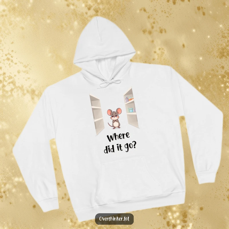 Funny hoodie with a worried mouse contemplating an empty pantry, offering warmth and a relatable dose of humor.