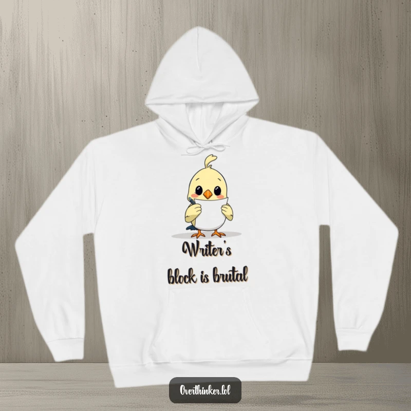 Funny hoodie with an overthinking bird artistically contemplating a blank page with a pen, ready to create something amazing.