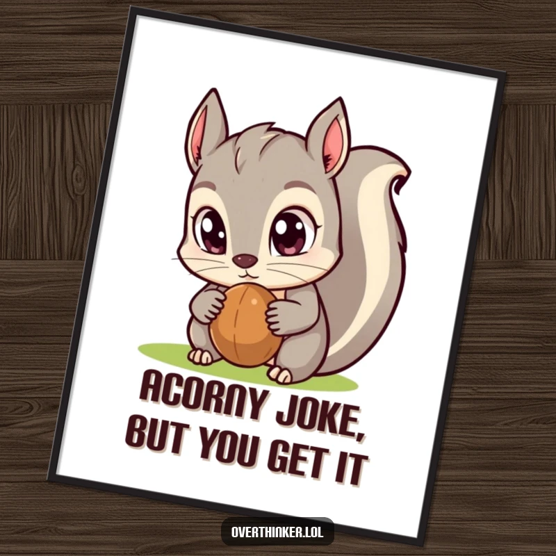 Funny Free Printable Wall Art: Kawaii squirrel with enormous eyes intensely focused on a solitary nut, perfect for quirky decor.