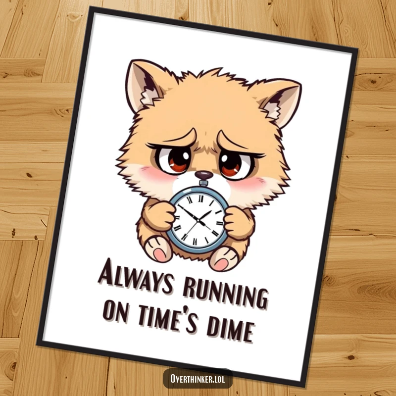 Funny Free Printable Wall Art: Furry animal character with wide, worried eyes, frantically checking a tiny watch, embodying amusing anxiety.