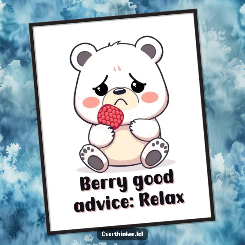 Funny free printable wall art: A frowning bear holds a comically tiny berry, a humorous statement about expectations vs. reality.