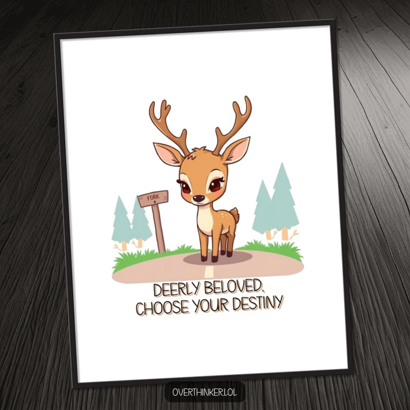 Funny free printable wall art: A deer with furrowed brows looking deeply pensive as it ponders a basic fork in the road.