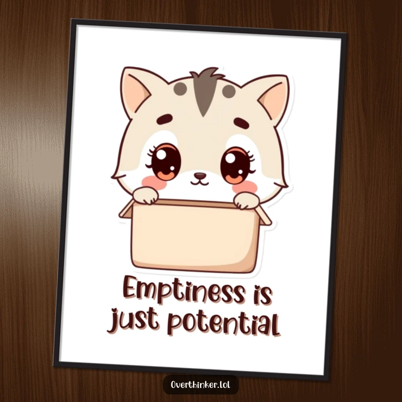 Funny Free Printable Wall Art: Kawaii animal wide-eyed pondering an empty box, a humorous and minimalist piece.