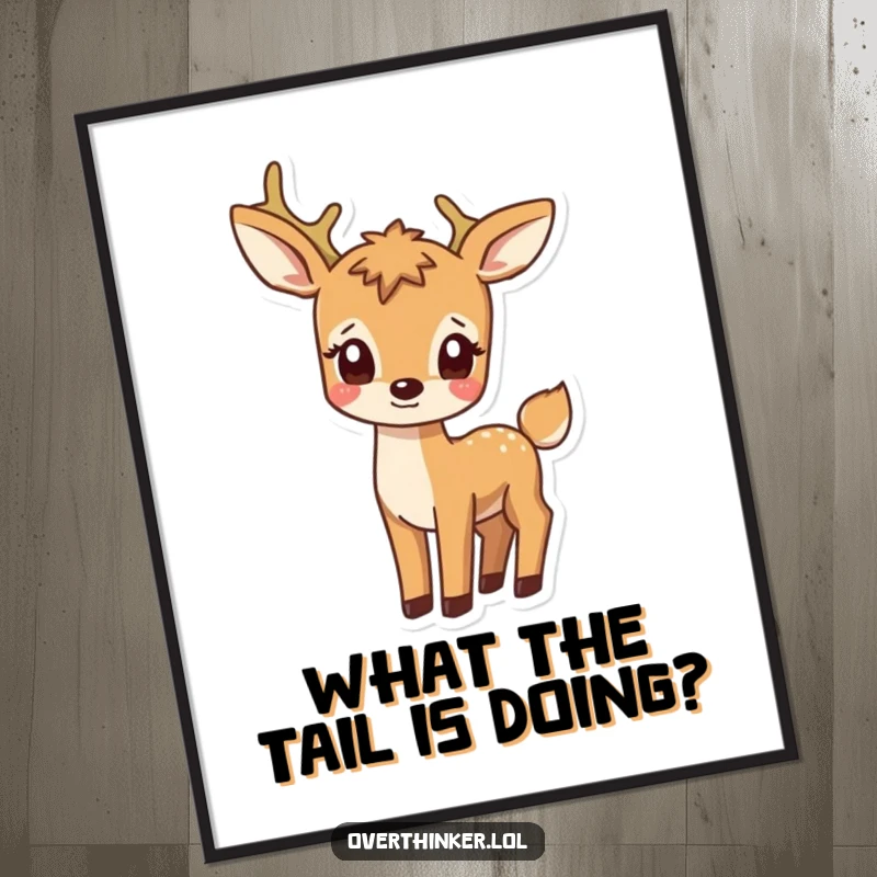 Funny Free Printable Wall Art featuring a deer with an amusingly confused expression, watching its own tail, adding whimsy.
