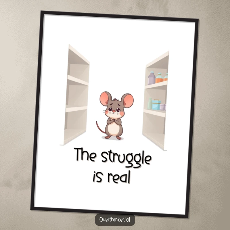 Funny Free Printable Wall Art: A worried mouse character gazes sadly at a vast, completely empty pantry shelf.