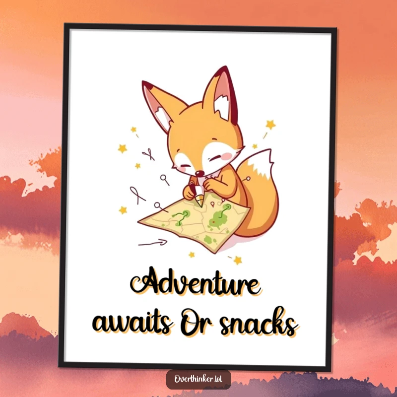 Funny Free Printable Fox Wall Art, a character frantically drawing paths on a tiny map, adding quirky decor.