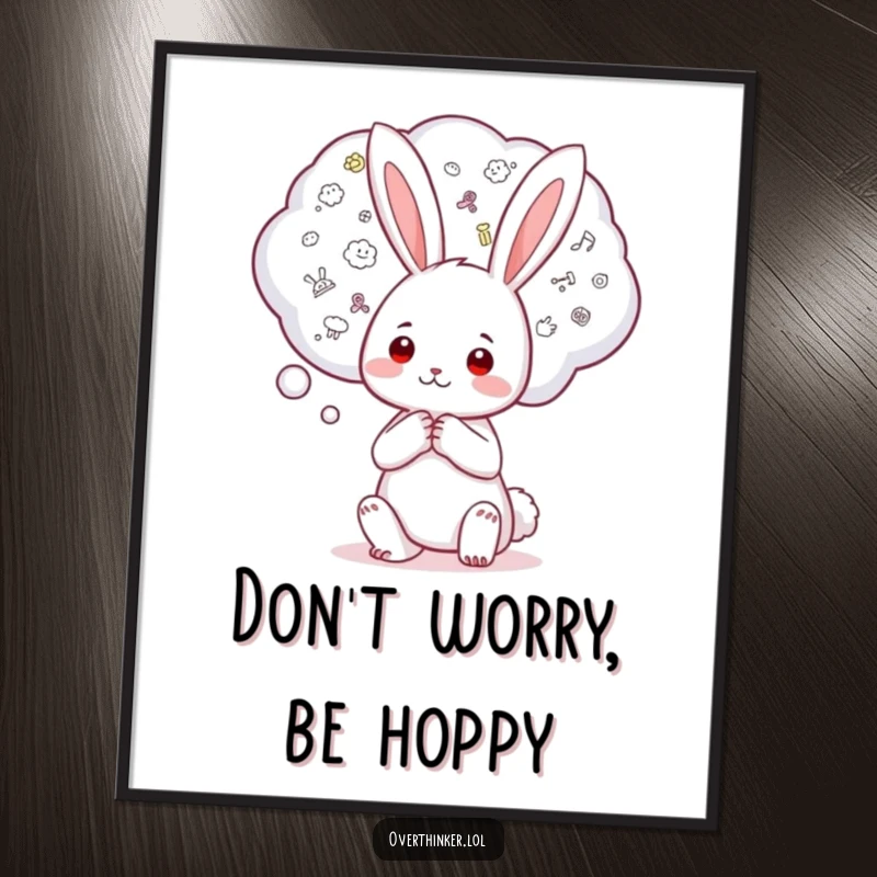 Funny Free Printable Wall Art: Kawaii rabbit with a giant thought bubble filled with tiny worries, adding quirky charm.