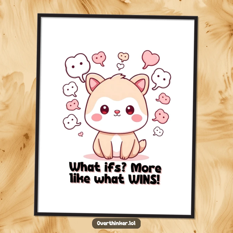 Funny Free Printable Wall Art: Kawaii animal with numerous 'what if' thought bubbles, a humorous and imaginative piece.