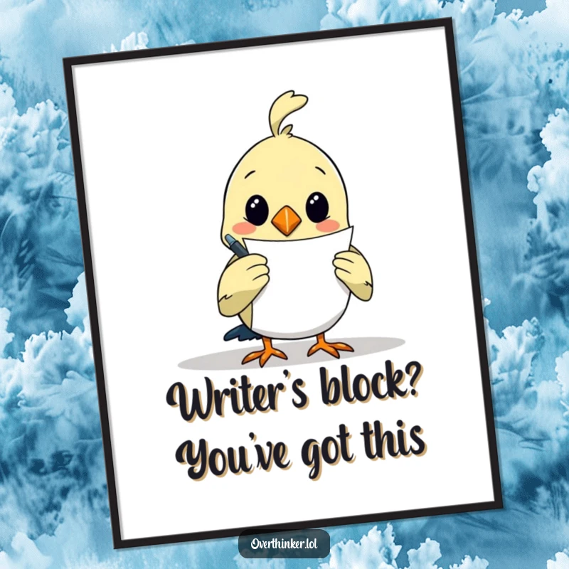Funny free printable wall art of a thoughtful bird holding a pen, ready to write its next great novel, overthinking it all.