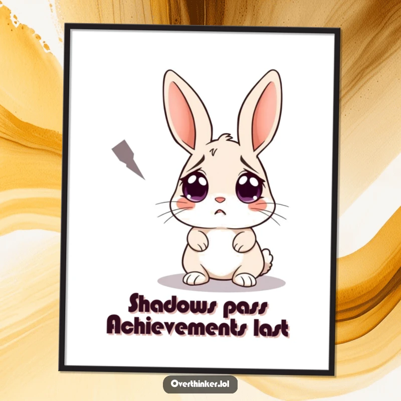 Funny free printable wall art: A rabbit with extremely wide, apprehensive eyes staring intently at a single, encroaching dark shadow.