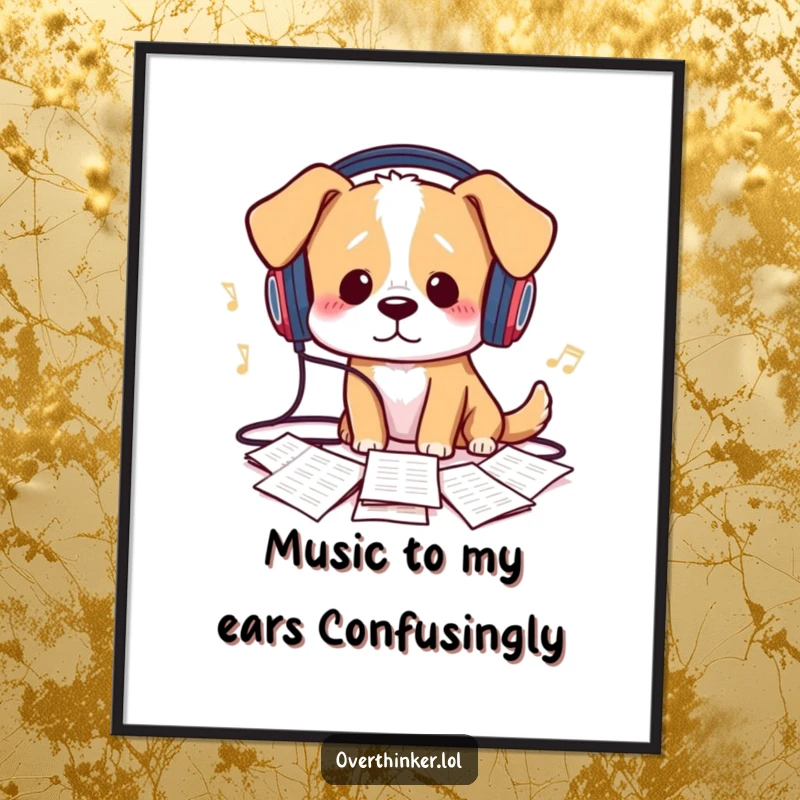 Funny Free Printable Wall Art: A dog wearing tangled headphones looks confusedly at a pile of scattered sheet music.