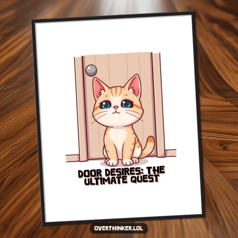 Funny free printable wall art of a cat character staring with intense concentration at a closed door, pondering life’s mysteries.