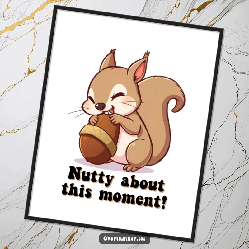 Funny Free Printable Wall Art: A squirrel nervously chews a giant acorn, perfect for quirky home decor.