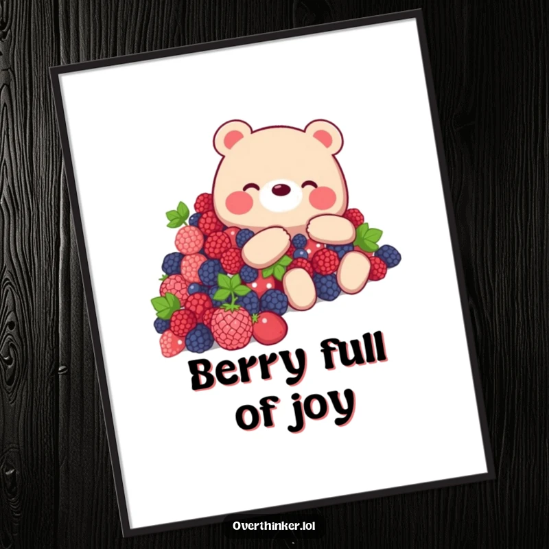 Funny Free Printable Wall Art: Bear Character Looking Overwhelmed by a Mountain of Delicious Berries, Whimsical Decor