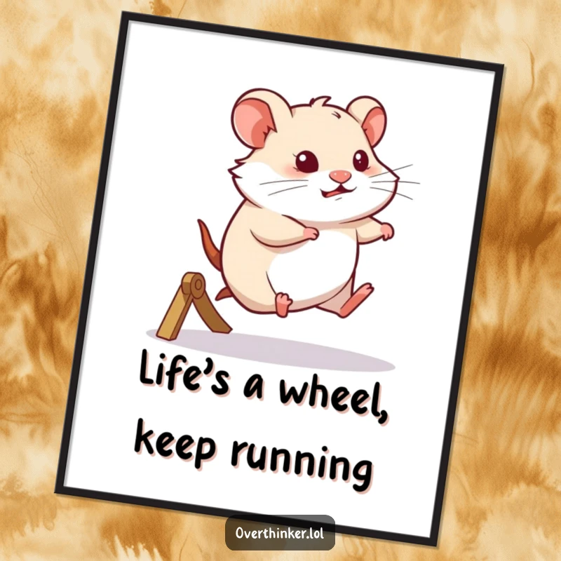 Funny Free Printable Wall Art: Hamster running on a wheel, looking thoughtful, adding a humorous and philosophical vibe.