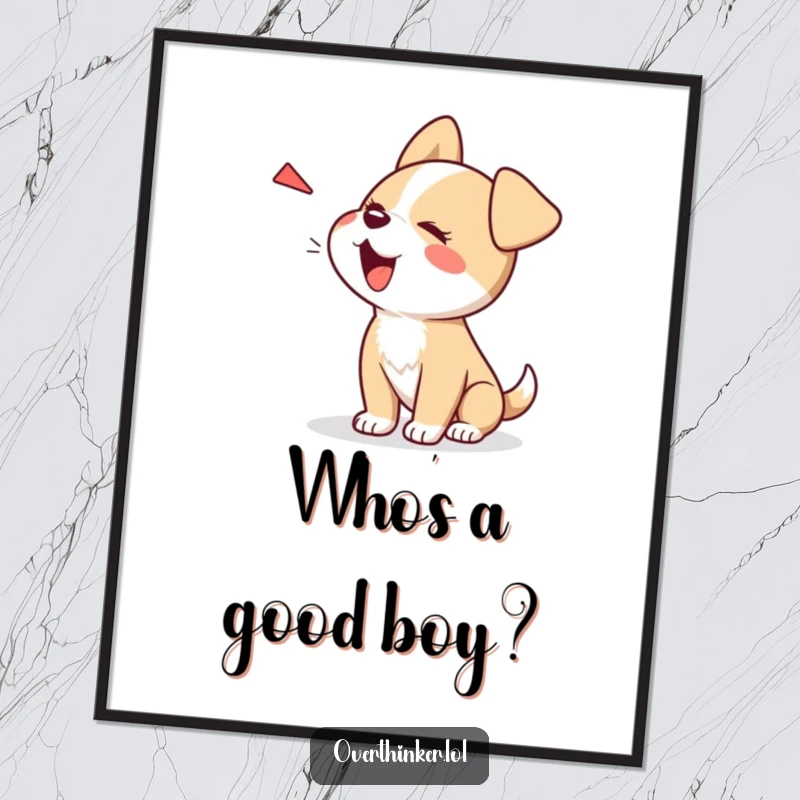 Funny Free Printable Wall Art: Kawaii dog hilariously barking at its own shadow, downloadable whimsical art.