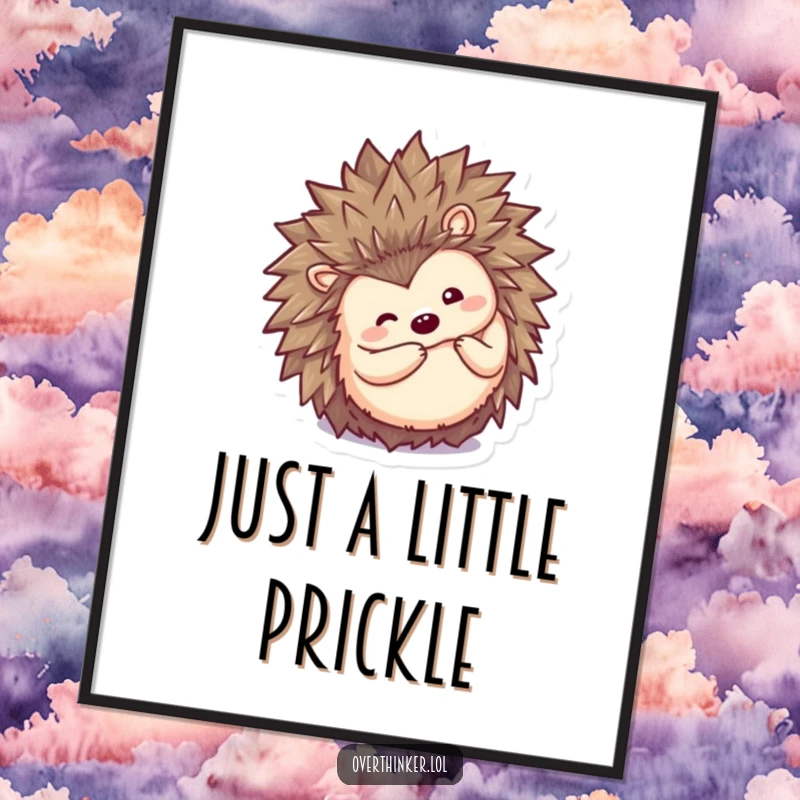 Funny Free Printable Wall Art: Kawaii hedgehog tucked in a ball shape, peeking out with large curious eyes, downloadable art.