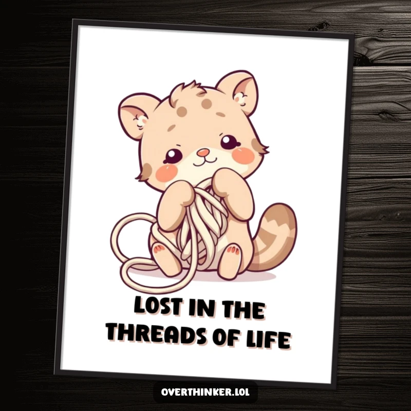 Funny Free Printable Wall Art: A chaotic scene of an animal hilariously tangled in a giant ball of yarn, a whimsical decor piece.