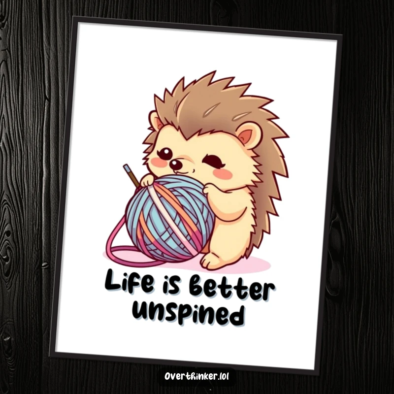 Funny Free Printable Wall Art: Kawaii hedgehog completely tangled in a ball of yarn, looking endearingly flustered.