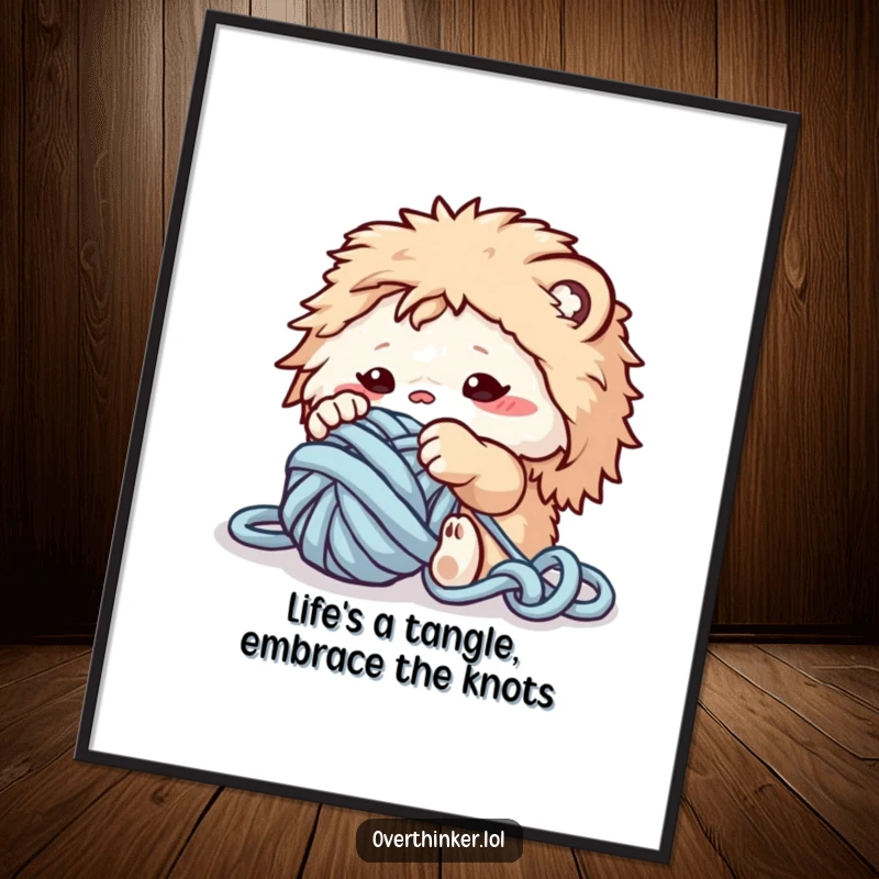 Funny Free Printable Wall Art: Fluffy creature comically attempting to untangle a large ball of yarn with its paws.