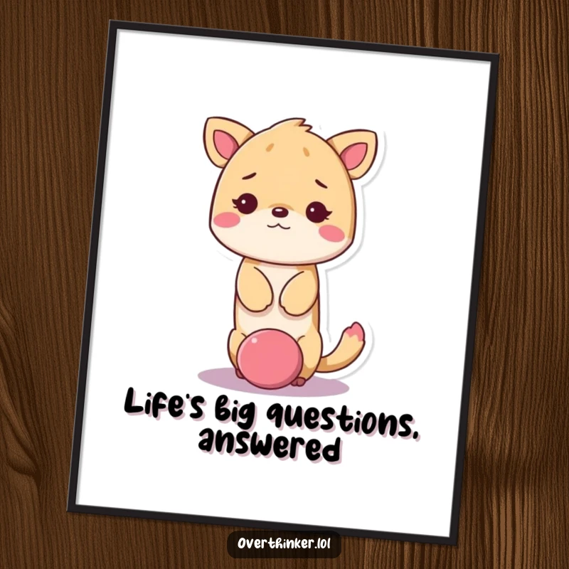 Funny Free Printable Wall Art: Kawaii animal with its head stuck in a giant question mark, looking adorably dazed.