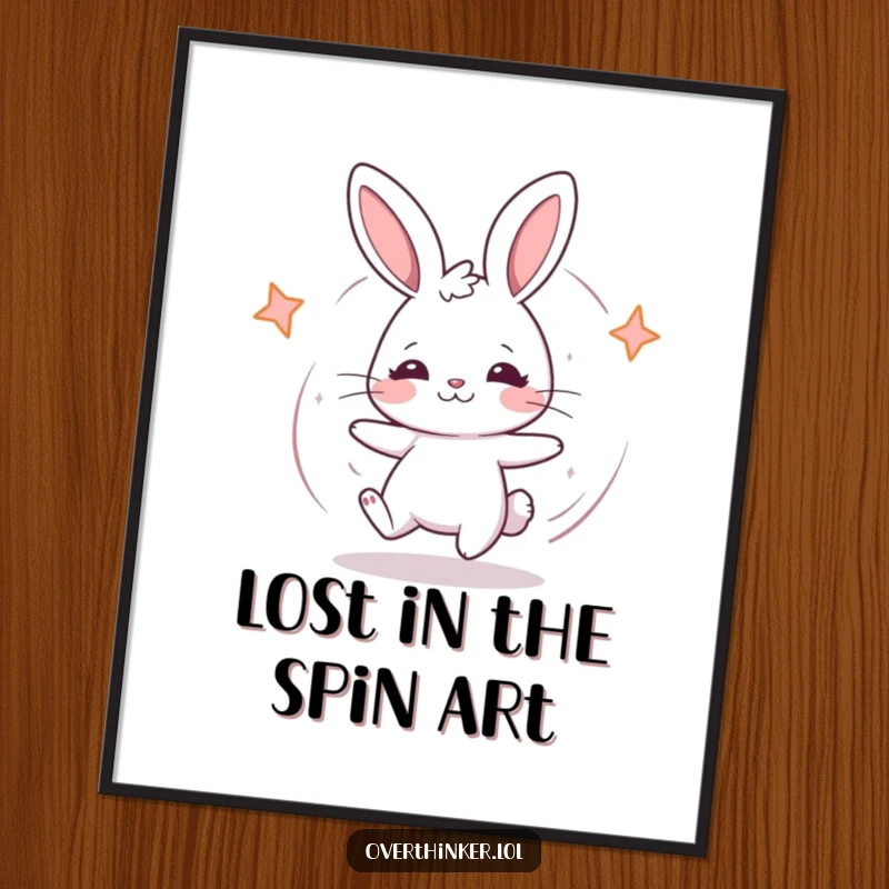 Funny free printable wall art: A kawaii rabbit caught mid-spin, looking hilariously confused. Downloadable art for a touch of playful decor.