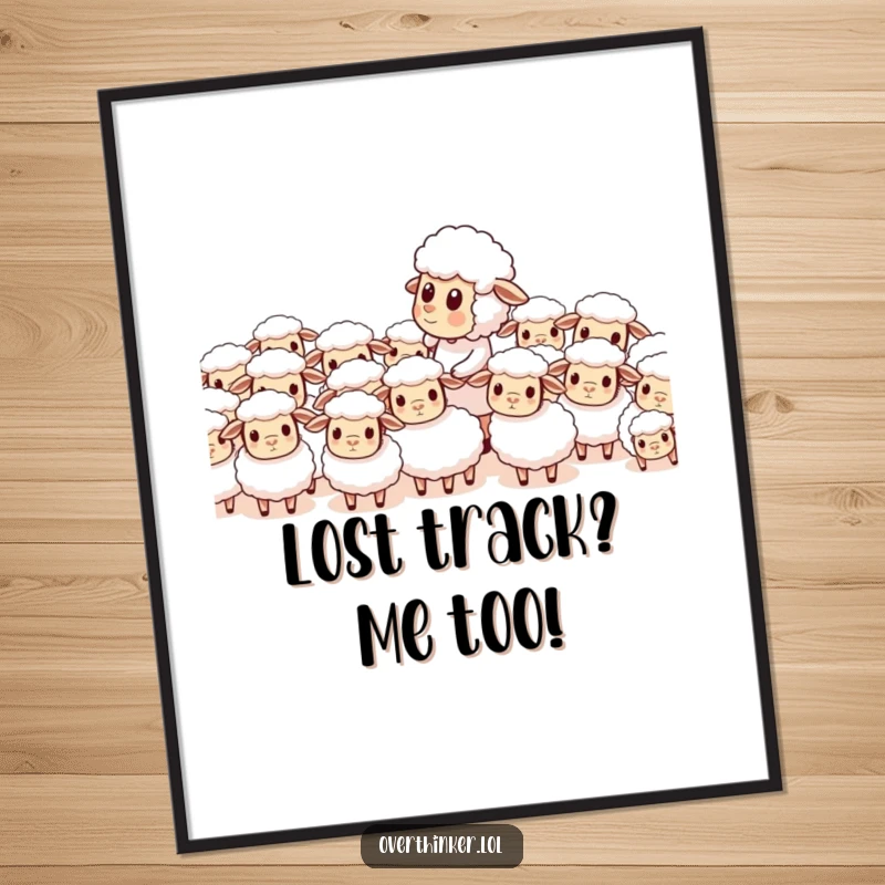 Funny Free Printable Wall Art of a sheep trying to count an entire herd of identically bewildered sheep, adding playful decor.