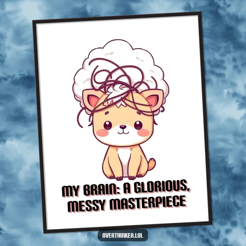 Funny Free Printable Wall Art: Kawaii animal with a cloud of tangled thoughts, a humorous and relatable piece.