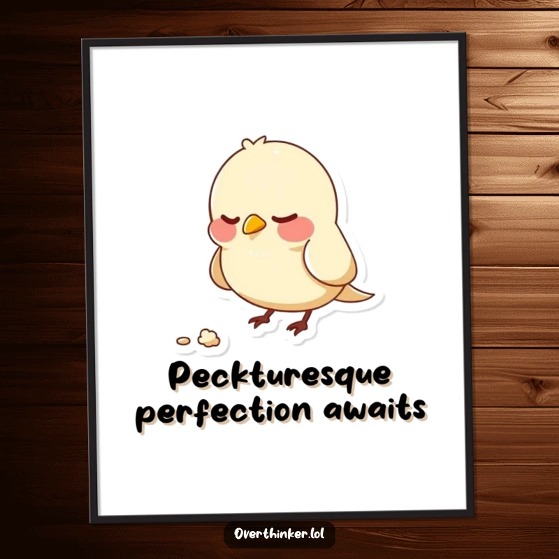 Funny Free Printable Wall Art of a nervous bird anxiously pecking at a tiny crumb, adding a touch of relatable humor to decor.