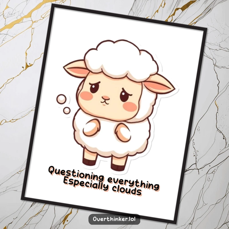 Funny Free Printable Wall Art: a sheep with a furrowed brow, questioning a cloud, adding whimsical humor.