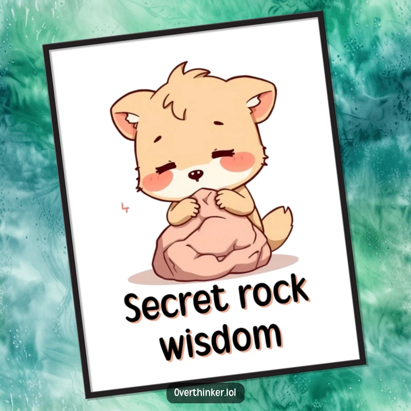 Funny Free Printable Wall Art: An animal character intimately whispering secrets to a tiny, silent rock, a humorous digital download.