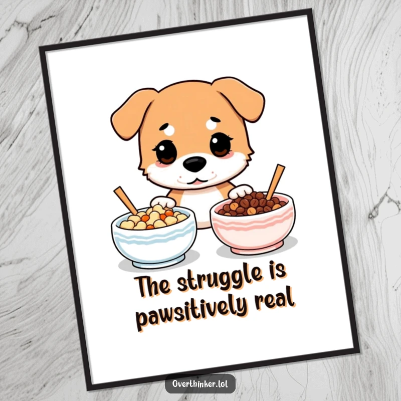 Funny Free Printable Wall Art: Dog looks indecisively at two identical food bowls, perfect for humorous home decor.