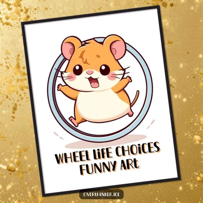 Funny free printable wall art: A kawaii hamster suddenly stopped on its wheel, mid-frantic run. Downloadable art for a humorous touch.