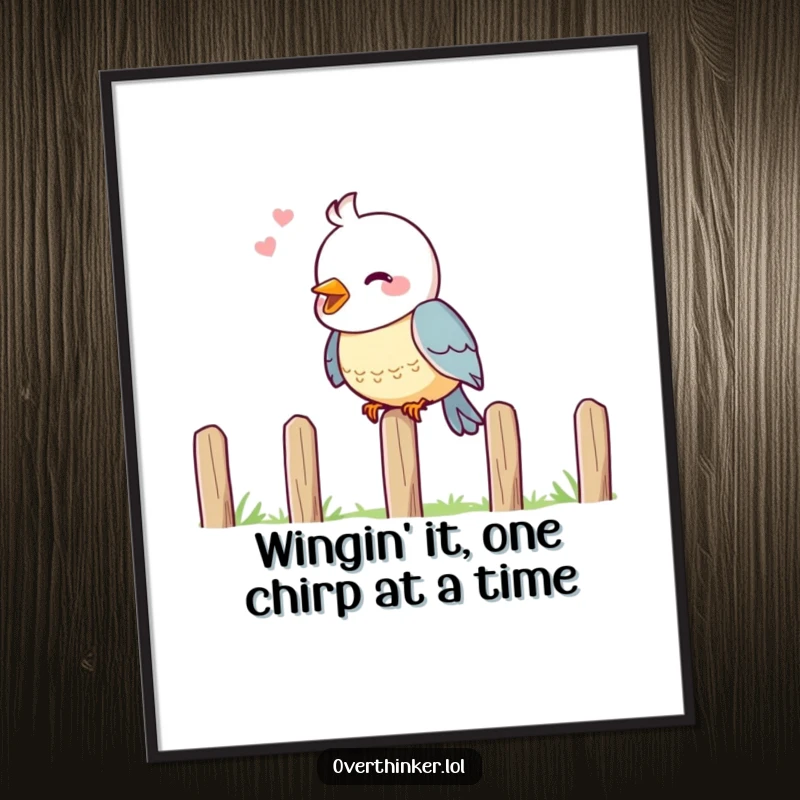 Funny Free Printable Wall Art: Cheerful bird on a fence, head tilted in thought, perfect for home decor.