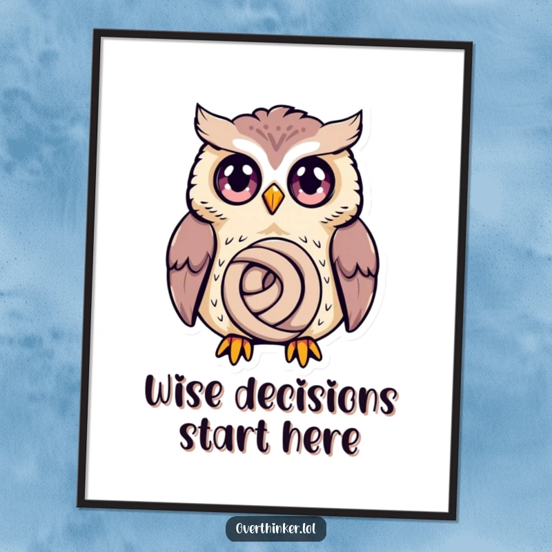 Funny Free Printable Wall Art: Owl Character with Wide Eyes Spiraling Deep in Thought Over a Tiny Knot, Whimsical Decor