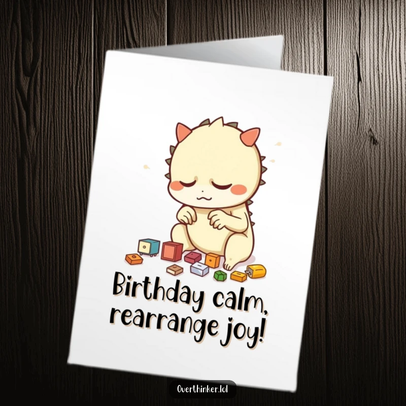 Funny Free Printable Birthday Card: Creature nervously arranging small objects, a humorous birthday surprise.