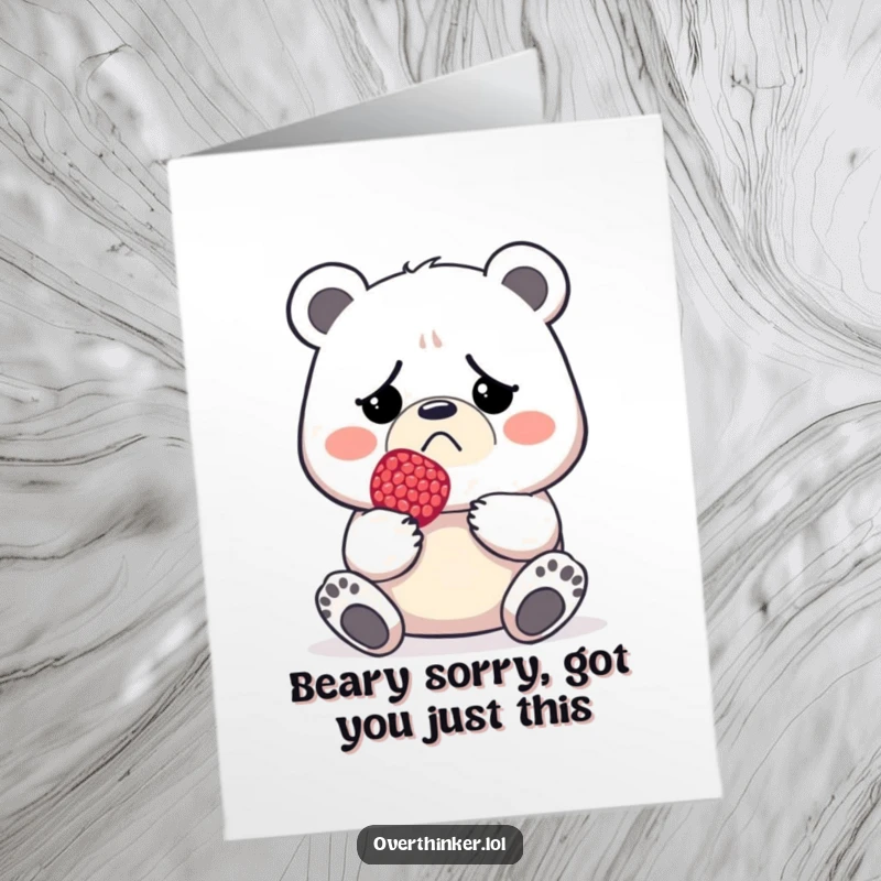 Funny free printable birthday card: A grumpy bear frowns while holding a single, comically tiny berry, expressing meager birthday joy.