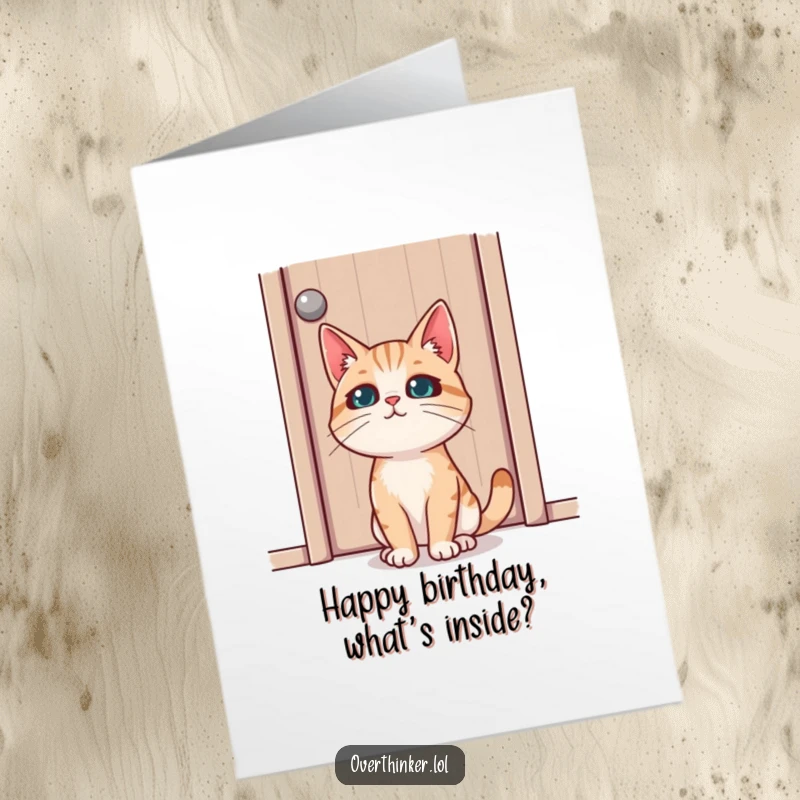 Funny free printable birthday card: a cat character intensely stares at a closed door, contemplating its secrets for a birthday wish.