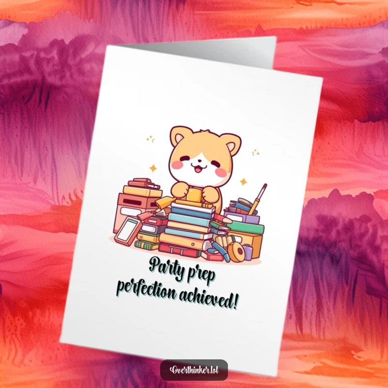 Funny Free Printable Birthday Card: A cute animal frantically straightens already neat items, a downloadable birthday-organized giggle.