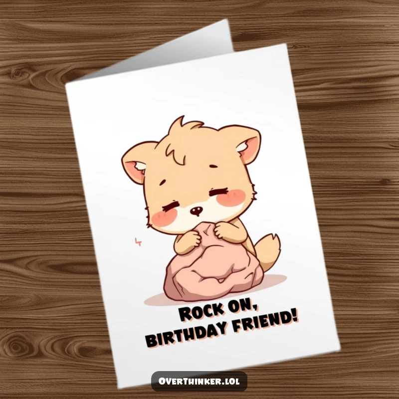 Funny Free Printable Birthday Card: A curious animal whispers secrets into a tiny, silent rock, showcasing quirky humor.