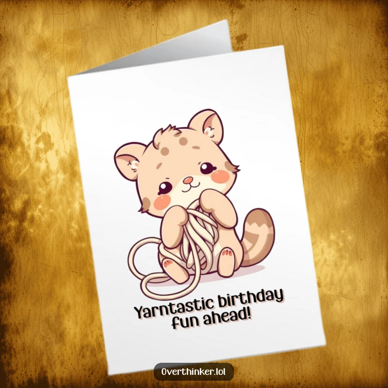 Funny Free Printable Birthday Card: A cat hopelessly tangled in yarn, looking frustrated and bewildered, perfect for a laugh.