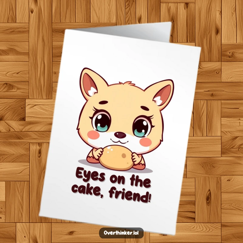 Funny Free Printable Birthday Card: An animal with huge, excited eyes stares intently at a birthday treat, a downloadable giggle.