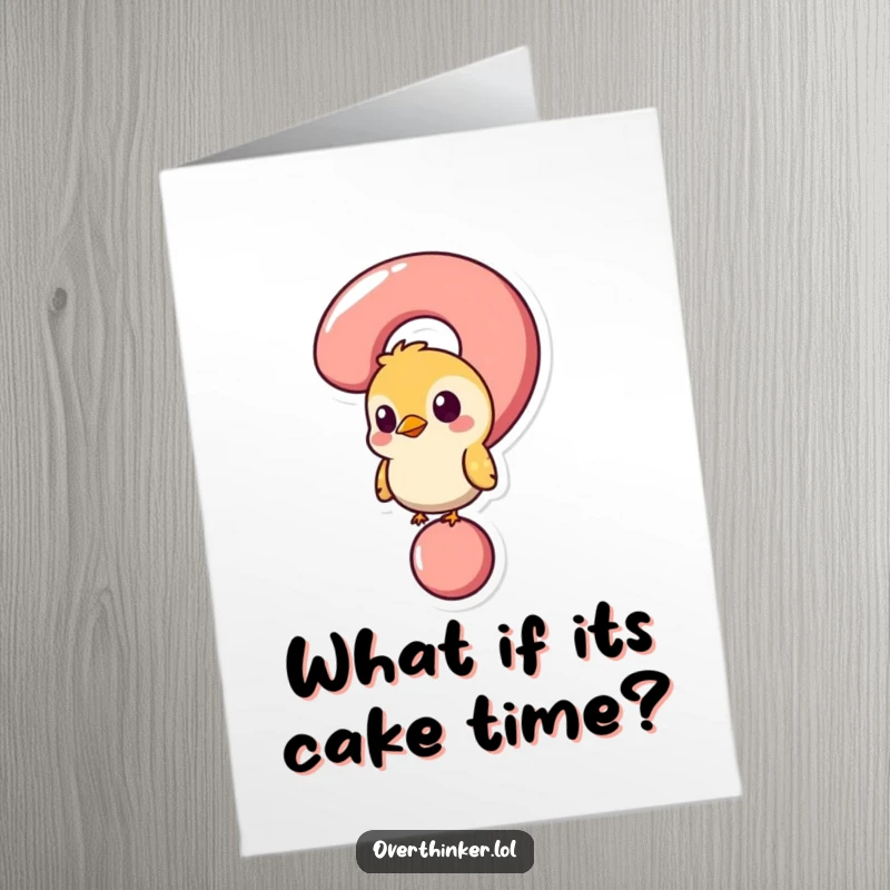 Funny Free Printable Birthday Card: A bird's head is comically stuck inside a giant question mark, looking bewildered.