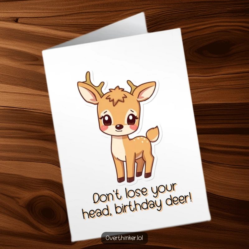 Funny Free Printable Birthday Card featuring a deer with a confused look, pondering its own tail, a unique humorous twist.