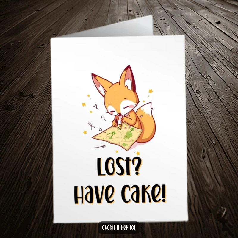 Funny Free Printable Fox Birthday Card, a character frantically drawing paths on a tiny map, wishing happy birthday.