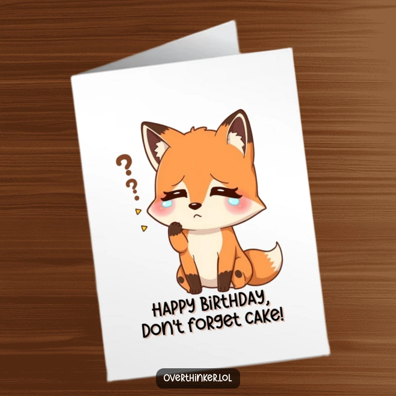 Funny free printable birthday card: A fox character visibly sweating, looking stressed while desperately trying to recall a forgotten name.