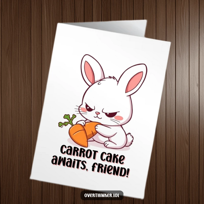 Funny Free Printable Birthday Card: Rabbit with Furrowed Brow Staring Intensely at a Single Carrot, Comedic Greeting